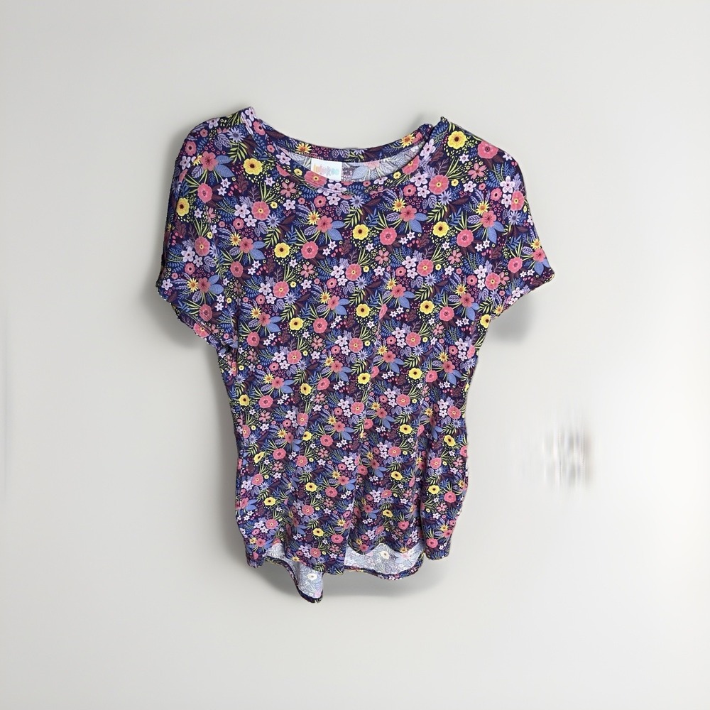 LuLaRoe Christy T-Shirt Medium Purple Floral Print Short Sleeve V-Neck Top - Picture 1 of 3